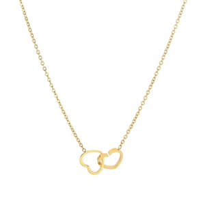 Golden heart pendant necklace featuring interlocking double hearts on a fine chain link
