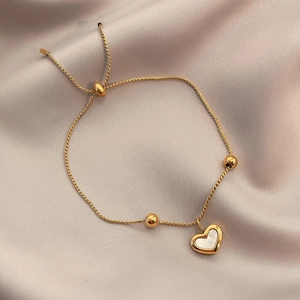 Korean Minimalist Heart Pendant Bracelet For Women Gold Plated Titanium Steel Adjustable Slider Chain Shell Inlay Jewelry