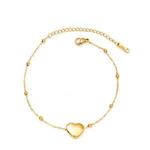 Bracelet à billes en acier inoxydable doré avec pendentif coeur et fermoir mousqueton