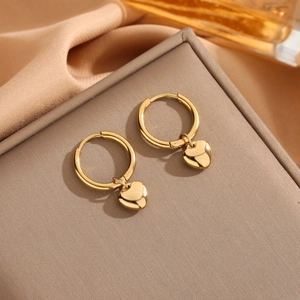 Women Minimalist Gold Plated Titanium Steel Heart Pendant Hoop Earrings Elegant Tarnish Resistant Fashion Jewelry