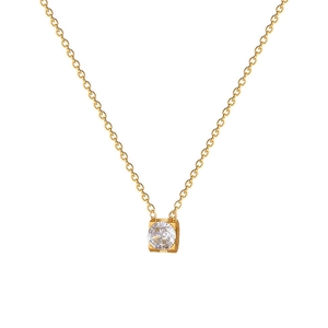 Detailed close-up of a single round zircon solitaire pendant on a gold titanium necklace