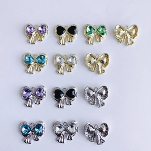 Bow-shaped zircon heart charms in gold and silver finish for DIY jewelry making