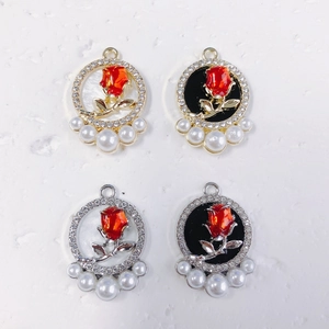 Vintage Legierung Rote Rose Nur Anhänger (Ohne Kette) Mit Strass Und Imitationsperle Rund DIY Schmuckherstellung Zubehör