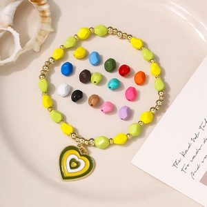 Colorful macaron bead bracelet with irregular faceted alloy beads and heart pendant