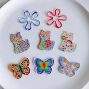 DIY acrylic charms set featuring floral cats, butterflies, and flowers with threading holes