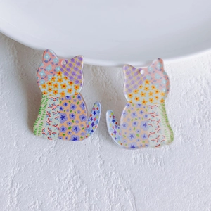 Macro detail of acrylic cat pendants with floral print and pre-drilled holes for DIY jewelry