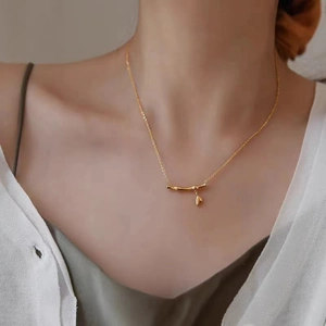 18K Gold Plated 316L Stainless Steel Bamboo Joint Pendant Necklace With Leaf Detail Minimalist Oriental Jewelry For Women