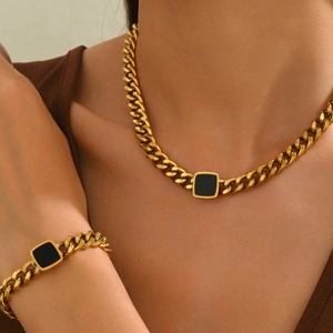 Vintage Stainless Steel Gold Plated Cuban Chain Necklace Bracelet For Women Bold Black Square Enamel Pendant Fashion Jewelry