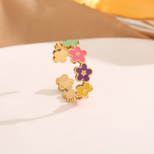 Edelstahl Offener Ring Damen Mehrfarbig Emaille Blume Glückliches Gesicht Verstellbar Vergoldet Süß Schmuck Ring