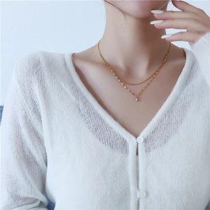 Minimalist double layer gold titanium necklace with sparkling zircon pendant for women