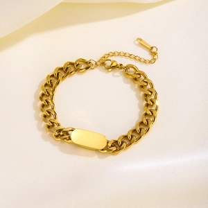 Polished gold Cuban link ID bracelet with engravable metal plate and lobster clasp