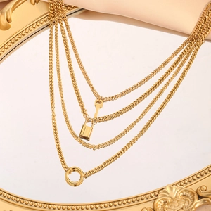 Vintage Gelaagde Vergulde Roestvrijstalen Ketting Met Slot Sleutel En Ronde Ring Hanger Mode Sieraden Voor Dames