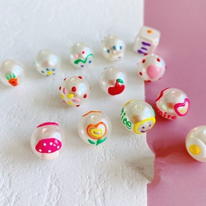 DIY round faux pearl beads with colorful cartoon patterns and central holes for jewelry making