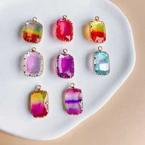 Set of 8 rectangular faceted gradient glass charms with gold plated frames for DIY jewelry
