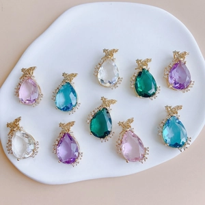 Five colored crystal water drop pendants with angel wings and gold plating