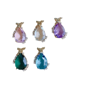 Five assorted teardrop zircon pendants with gold angel wings for DIY necklaces
