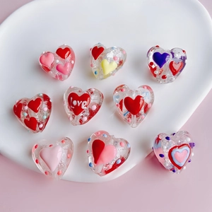 Polka dot heart transparent resin beads with Love print for DIY jewelry making