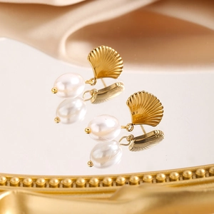 18k gold plated stainless steel scallop shell earrings with natural freshwater pearls
