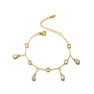 Gold plated stainless steel necklace with round cubic zirconia and teardrop charms