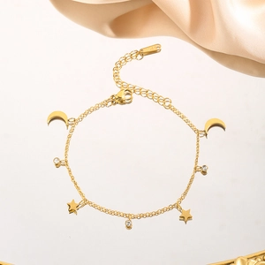 Edelstahl Stern Mond Anhänger Armband Fußkettchen Für Damen Gold Silber Plattiert Zirkonia Schmuck Elegantes Geschenk Für Sie Verstellbar