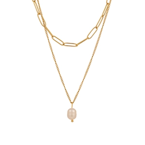 Elegante collana a doppio strato in titanio dorato con ciondolo di perla e maglie