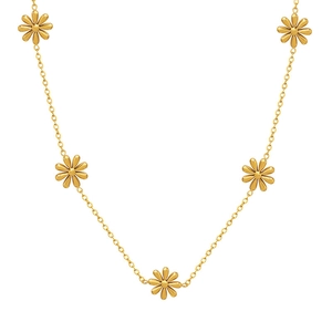 Collier élégant en acier titane doré avec cinq pendentifs marguerites vus à plat