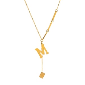 Minimalist stainless steel necklace with gold letter M pendant and square tassel charm