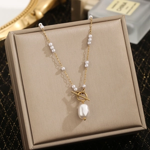 Freshwater Pearl OT Buckle Pendant Necklace For Women Stainless Steel Gold Plated Bead Chain Elegant Vintage Jewelry