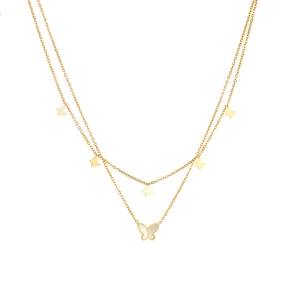 Double-layered golden stainless steel butterfly necklace with white shell pendant inlay