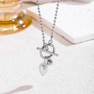 Elegant 18k gold plated titanium steel necklace with white pearl and gold bead pendant