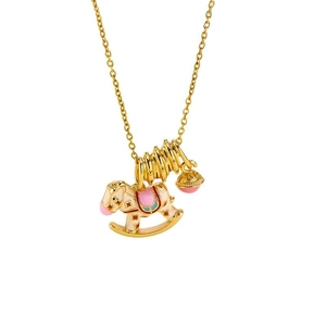 Gold plated necklace featuring a rocking horse pendant with pink bell and enamel details