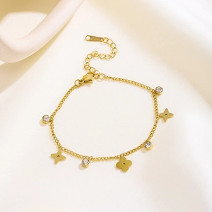 Elegantes 18k vergoldetes Edelstahl-Fußkettchen mit Kleeblatt und Zirkonsteinen