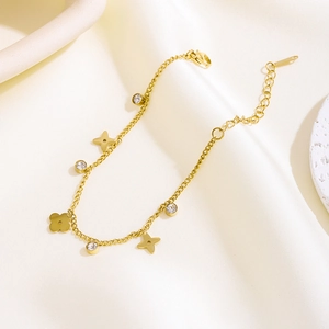 Elegantes Fußkettchen aus 18k vergoldetem Titanstahl mit Zirkonia und Kleeanhängern