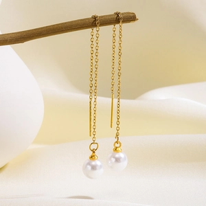 Minimalist Stainless Steel Faux Artificial Pearl Tassel Long Chain Earrings For Women Gold Plated Dangling Ear Line Fashion Jewelry