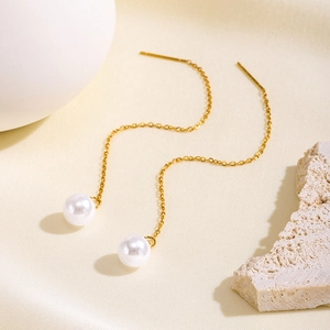 Elegant long stainless steel drop earrings with golden chains and white round pearls