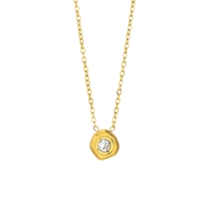Minimalist gold necklace with irregular hexagonal pendant and clear zircon stone