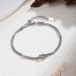 Silver love knot double snake chain bracelet in 304 stainless steel with 18K engraving