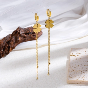 Elegantes Pendientes de Hilo de Acero Inoxidable 304 con Trébol de Cuatro Hojas y Borlas Oro Chapado Cadena Larga con Diamantes de Imitación Joyería Mujer