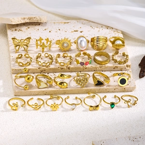 Edelstahl Offene Ringe Für Damen Vergoldet Herz Blume Schmetterling Künstliche Perle Strass Eingelegt Verstellbarer Ring