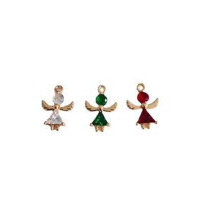 Three tiny angel jewelry pendants in gold plating with faceted white, green, and red stones