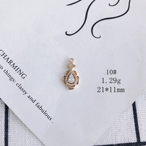 Detailed close-up of a teardrop gold pendant with large zircon and small crystal accents