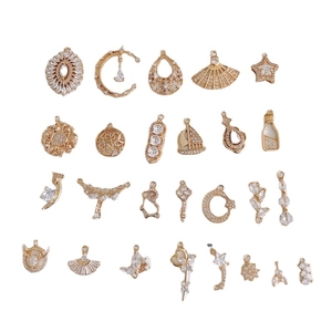 Gold-plated brass pendants with cubic zirconia in moon, star, and flower shapes for DIY jewelry