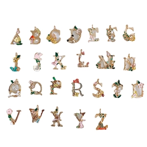 26 DIY-Alphabet-Anhänger mit Emaille-Blumenmotiven und Vögeln in Goldoptik