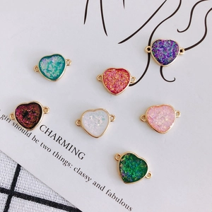 Copper Resin Heart Charm Connector For DIY Jewelry Making Double Loop Inlaid Sparkly Gold Plated Pendant For Necklace