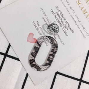 Détail macro de boucles d'oreilles en résine avec dentelle noire sur carte présentoir