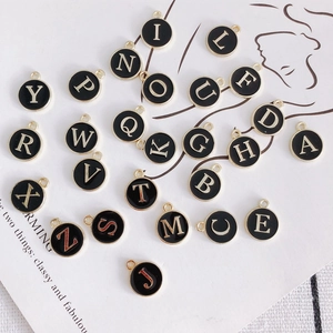 Round Alloy Alphabet Initial Charm Pendant Black Enamel Gold Tone DIY Jewelry Making Findings Accessories Vintage Simple