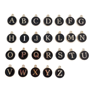 DIY retro alloy enamel round black A-Z letter charms with gold frames for jewelry making