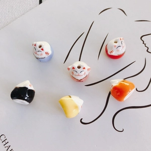 Colorful ceramic lucky cat beads for DIY jewelry making, set of six vibrant hand-painted colors