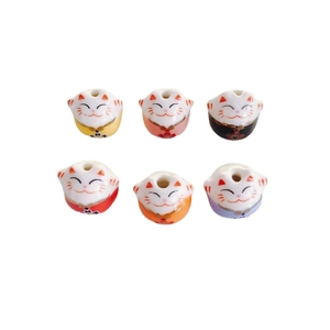 Hand-painted ceramic fortune cat beads set in six vibrant colors for DIY jewelry making