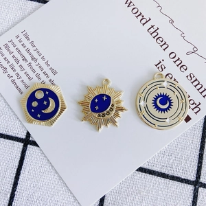 Star and moon gold alloy pendants with blue enamel for DIY jewelry making